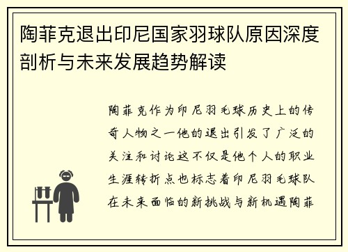 陶菲克退出印尼国家羽球队原因深度剖析与未来发展趋势解读