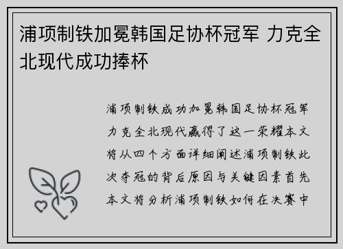 浦项制铁加冕韩国足协杯冠军 力克全北现代成功捧杯